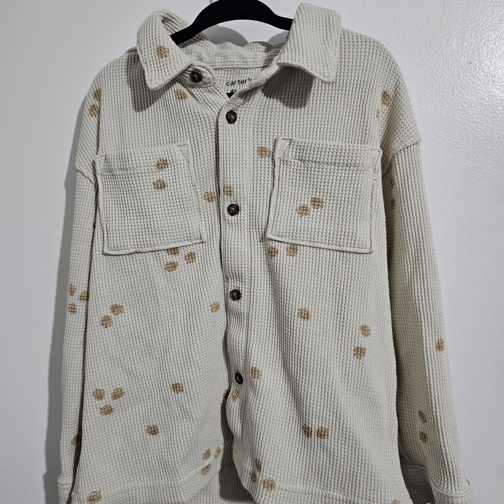 Carter's Cream Waffle-Knit Button-Up Shirt with Tan Acorn Print with Jeans - Set